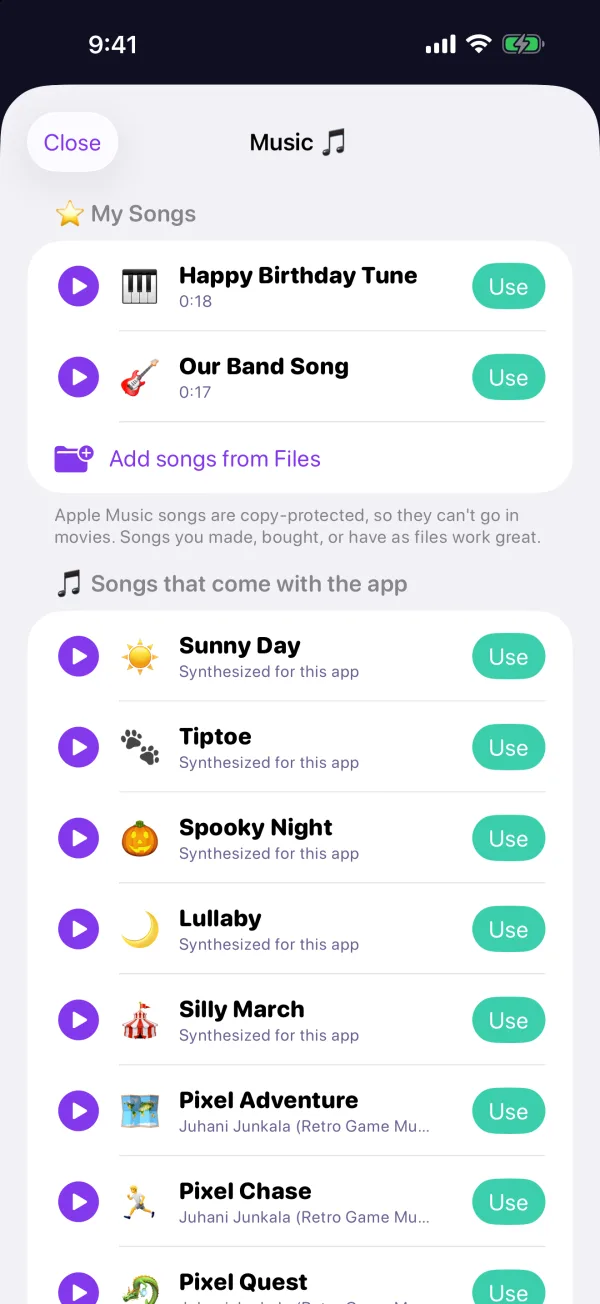 The Music sheet: My Songs and the songs that come with the app