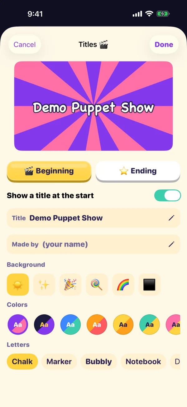 The Titles sheet: a live preview of the opening title with backgrounds, colors and letters to choose from
